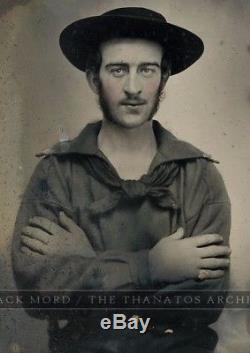 Excellent 1/6 1860s Ambrotype Photo Civil War Navy Sailor Armed w Knife in Belt