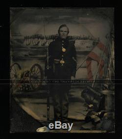 Excellent Armed Civil War Soldier 1/6 Tintype Tinted Flag & Camp Background