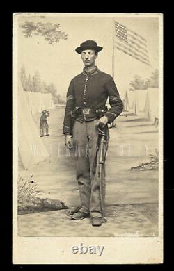 Excellent CDV Armed Civil War Soldier Camp Backdrop Virginia Photographer 1860s