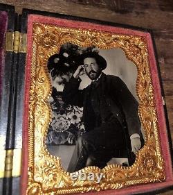 Excellent Civil War Era Tintype Photo Handsome Casual Man Beard & Flowers 1860s