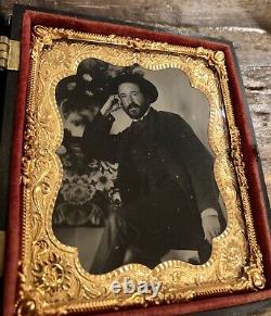 Excellent Civil War Era Tintype Photo Handsome Casual Man Beard & Flowers 1860s