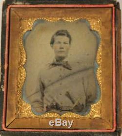Great Ambrotype Double Armed Civil War Confederate Soldier 1851 Colt & Bowie