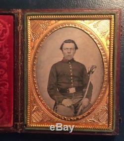 Great Civil War 1/4 plate cased tintype of a Union cavalryman with sword