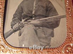 Great Civil War Tintype Man w Pipe & Black Powder Gun Possibly Confederate