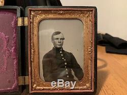HUGE 1/4 Plate! Civil War SOLDIER Tin Type UNION Case / 9-button SHELL Jacket