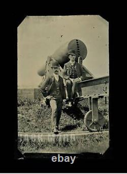 Half Plate+ Antique Tintype Photo, Two Men Posing 1860s Rodman Civil War Cannon
