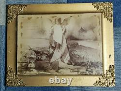 INDIAN WARS POST MORTEM YOUNG SOLDIER with PATRIOTIC GIRL ANTIQUE PHOTO CIVIL WAR