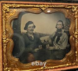 Interesting Ambrotype 2 Drinking Men Gold Miner or Civil War Sailor 1860s Beer