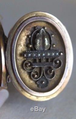 LG Antique Civil War Era 10Kt Gold Pearl Etruscan Mourning Photo Locket Necklace