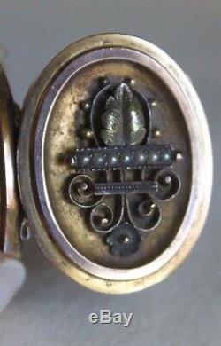 LG Antique Civil War Era 10Kt Gold Pearl Etruscan Mourning Photo Locket Necklace