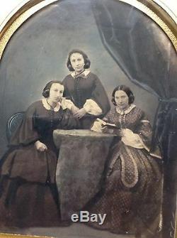 Large Civil War Photo Three Sisters Hair Fashion Black Lacquer Frame