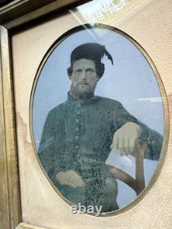 Large Tintype 1860s Civil War Soldier Zouave in Walnut Wall Frame Antique Photo