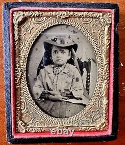 Little Girl in Summer Hat 1/9 Plate Tintype in Case Civil War Era 1860s Sick