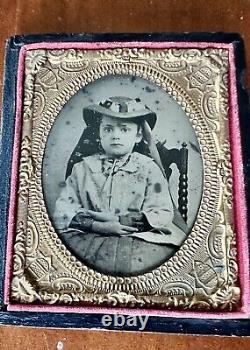 Little Girl in Summer Hat 1/9 Plate Tintype in Case Civil War Era 1860s Sick