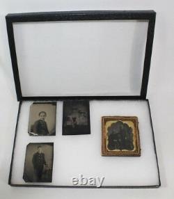 Lot of 4 Civil War-era Late 1800s Plate Tintype Photographs, One with Period Frame