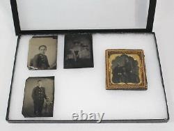 Lot of 4 Civil War-era Late 1800s Plate Tintype Photographs, One with Period Frame