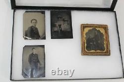 Lot of 4 Civil War-era Late 1800s Plate Tintype Photographs, One with Period Frame