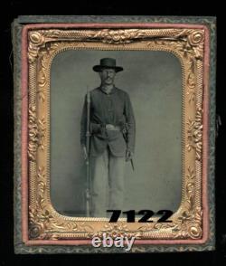 Mean Looking Civil War Soldier Armed Patriotic Photo Case 1/6 1860s Tintype