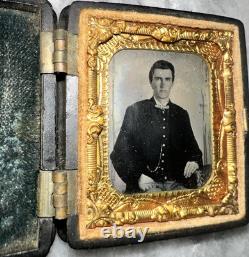 Miniature 1/16th Plate Tintype of Civil War Soldier in Hard Case 1850s Photo