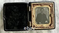 Miniature 1/16th Plate Tintype of Civil War Soldier in Hard Case 1850s Photo