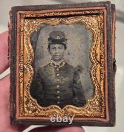 Ninth plate ambrotype young Civil War Confederate soldier with hat brass