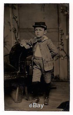 OLD ANTIQUE TINTYPE PHOTO of YOUNG BOY with CIVIL WAR KEPI HAT & SWAGGER STICK