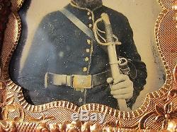 Orig. Tintype Daguerreotype Civil War Union CavalryTrooper1860 Sword Gold Tint