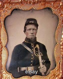 Orig. Tintype Daguerreotype Civil War Union CavalryTrooper1860 Sword Gold Tint