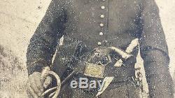 Original Named Civil War Tintype Photo Officer with Pistol, Sword, Bowie Knife