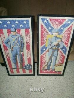 PAIR Rare Civil War cross stitch Soldier Framed Picture Antique