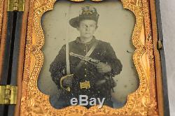 Pair of Civil War Armed Soldiers Confederate Ambrotypes Union Case 1/6 plate