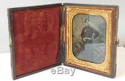 Post Civil War Union GAR Officer Antique Daguerreotype Photo Case Gold Frame