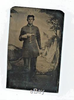 RARE 1860's Tintype of Armed CIVIL WAR SOLDIER with Corps pin, Flag & Background