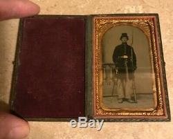 RARE 6th Plate CIVIL WAR Soldier Tintype in Case Holding Rifle & Sword Gold Add