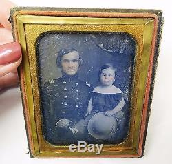 Rare CIVIL War Daguerreotype With Officer And Child 1/4 Plate Double Elliptical