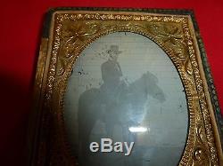 Rare CIVIL War Era Ambrotype Photo Of Soldier In Hat On Horse -resembles Grant