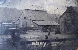 RARE! CIVIL WAR ERA CALIF. HOMESTEAD, CABIN, WOOD CHIMNEY, 1860's TINTYPE PHOTO