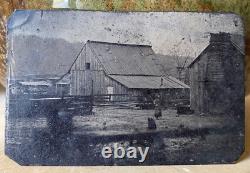 RARE! CIVIL WAR ERA CALIF. HOMESTEAD, CABIN, WOOD CHIMNEY, 1860's TINTYPE PHOTO
