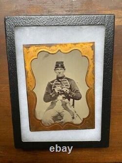RARE large 1/2 plate tintype Civil War Union Musician fifer officer sword & belt