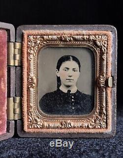 Rare 1/16 Plate Tintype CIVIL War Lady In Young Soldier Thermoplastic Case
