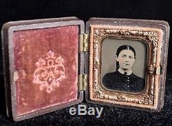 Rare 1/16 Plate Tintype CIVIL War Lady In Young Soldier Thermoplastic Case