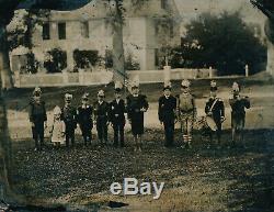 Rare 1/2 Plate Tintype CIVIL War Children Military Attire + Drum Fife & Flag