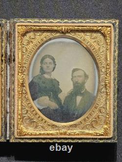 Rare 1/6 Plate Daguerreotype Couple Cased Civil War Era Hand Tinted 1850s Photo