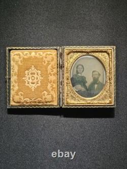 Rare 1/6 Plate Daguerreotype Couple Cased Civil War Era Hand Tinted 1850s Photo