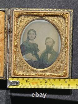 Rare 1/6 Plate Daguerreotype Couple Cased Civil War Era Hand Tinted 1850s Photo