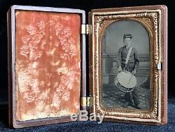 Rare 1/8 Plate Tintype Kansas CIVIL War Drummer Boy In Rare CDV Union Case