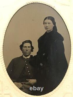 Rare Antique Civil War Soldier And Wife In Fur Tintype Photo
