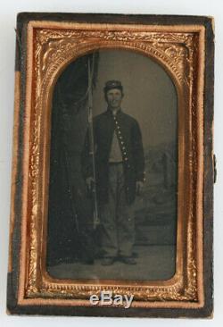 Rare Authentic Civil War 1/9th Tintype Soldier Armed with Rifle & Bayonet