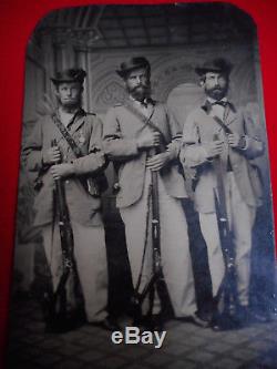 Rare Civil War Era Half Plate Tintype Photograph of Three Armed Schutzen Jagers