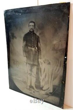 Rare U. S. Civil War, Union Army sergeant, pistol, full-plate tintype photo, old